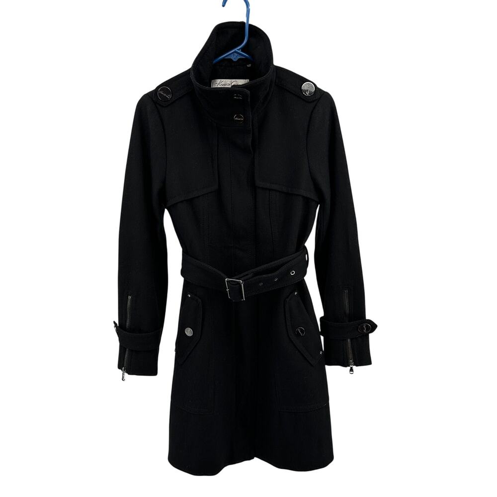 Kenneth Cole New York Waist Tie Coat WMNS 4 Black Wool Blend Zip Up Lined Jacket